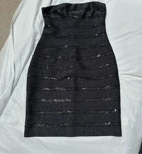 Carmen Marc Valvo Sequin Embellished Black Bandage Strapless Dress sz M