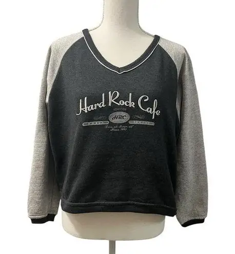 Hard Rock Cafe Houston Texas V Neck Crop Sweatshirt Top Two Tone Gray Small