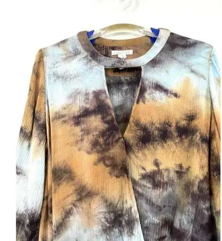 Love Riche Boho Wrap Top Brown Blue Tie Dye Bell Sleeves V Cutout Size Small
