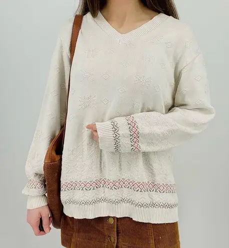 vintage snowflake oversized v neck knit sweater in ivory size L Size L