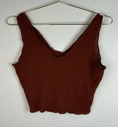 Brown Ribbed Knit Cropped Tank Top | V