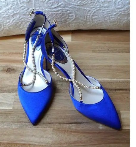 Rene Caovilla Dress Pointed Toe Stiletto Heels Chain Ankle Strap Blue Size 38.5