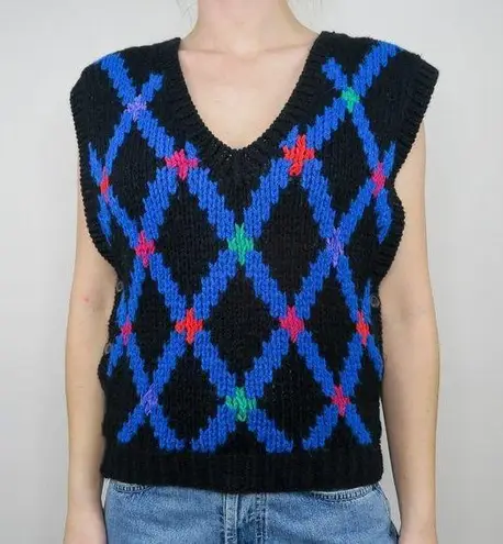Vintage 70s Black Colorful Geometric Knit Sweater Vest Size M