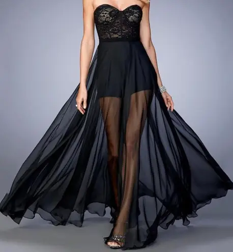 Crystal Doll Black Strapless Illusion Romper Dress