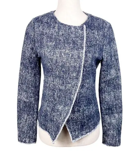 Ecru Blue Printed Fringe Trim Tweed Jacket Zip Blazer Women's Size XS
