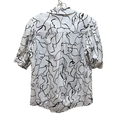 Elie Tahari Graphic Puff Sleeve Button Up Short Sleeve Top White Size Small