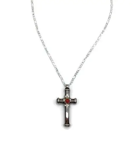 Handmade Black Cross Orange Red Stone Figaro Chain 18” Adjustable 20” Pearl Drop