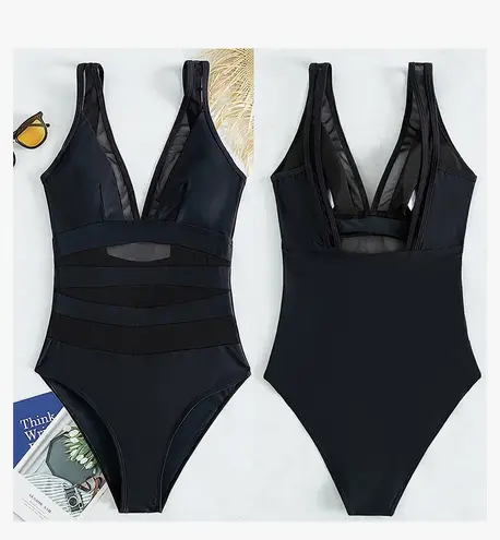 Soly Hux Women's Contrast One Piece Swimsuits V Neck Backless Bathing Suits Mesh Sheer Swimwear Monokini