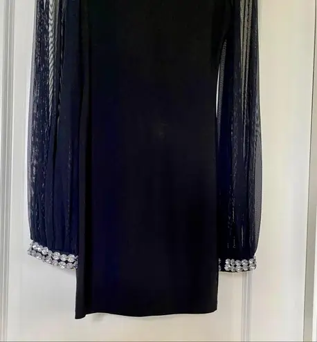 Symphony Dress- - Black Bodycon Dress with Mesh Sleeves and Crystal Wrist Detail