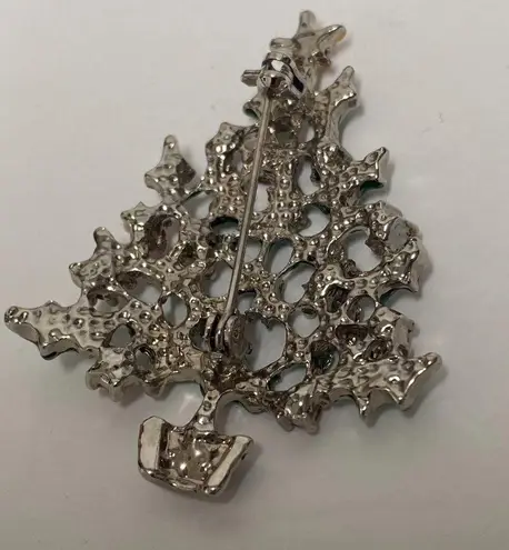 Christmas Tree Pin Brooch Silver Color Metal Red Green Crystal Rhinestones