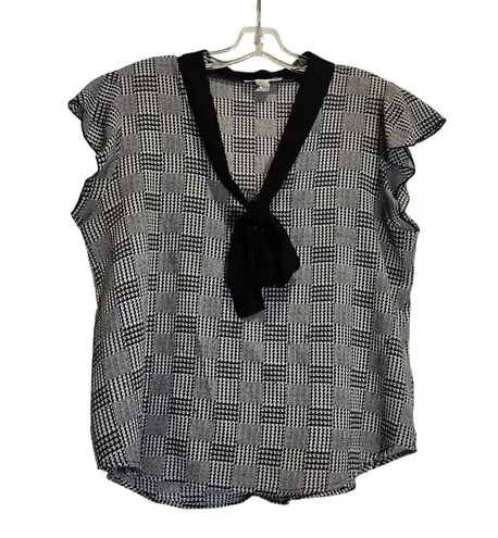 Miley + Molly Houndstooth Plaid Blouse Bow Tie Neck Academia Black White Large