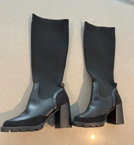 River Island Black Knit Sock Chunky Heel Knee High Boots Womens Size 6 EUR 39