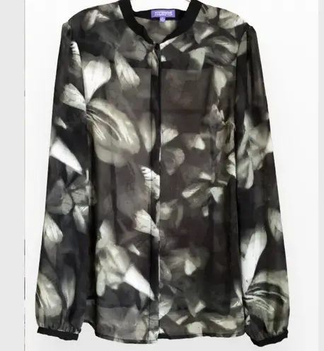 Vivienne Tam SHEER BUTTON CAREER SHIRT BLOUSE BLACK OLIVE GREEN SZ 8 LON…