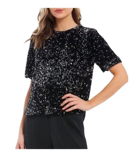 Alex Marie NWT Lia Sequined Crew Neck Short Sleeve StretchVelvet Black Blouse MD