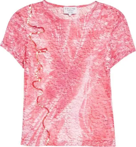 Collina Strada Sequin Cardio Lace Shrunken T-shirt Hot Pink Butterflies size S