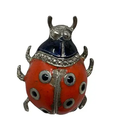 Vintage Ladybug Brooch Enamel Over Sterling Silver Rhinestone Detail Pin