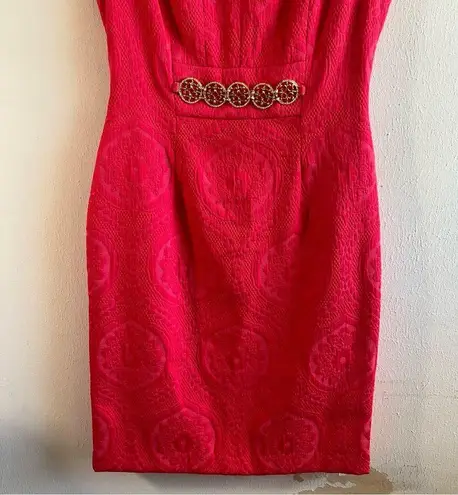 Kay Unger Dress Poppy Red Jacquard Cap Sleeve w/ Gold Chain Belt Accent Sz 4 EUC
