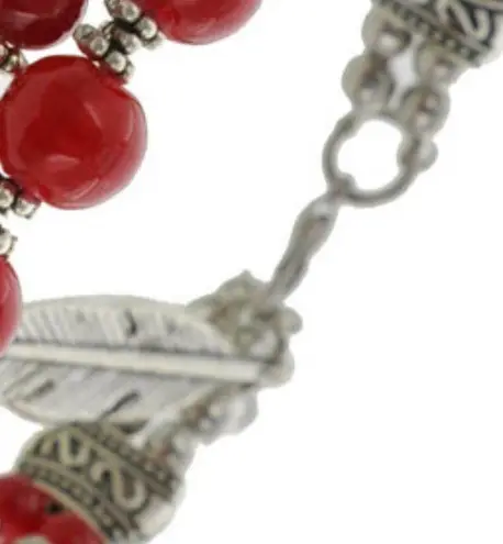 BEADED ANTIQUE SILVER & RED CHARM BRACELET