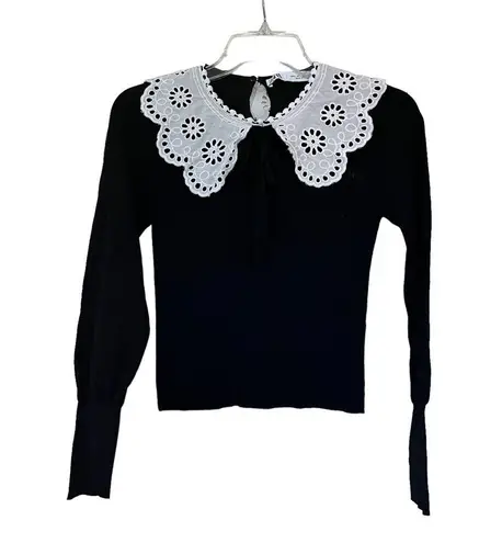 ZARA black ribbed sweater with contrasting white embroidered collar size Small