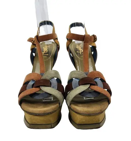 YSL Yves Saint Laurent Tribute Sandals Suede Leather Green Platform Size 37.5