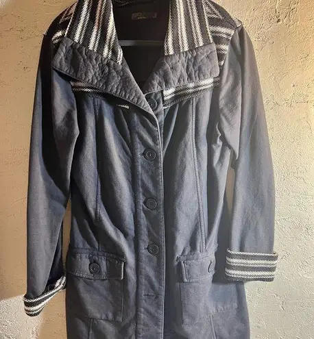 prAna Grey Coat with Striped Collar, stripe details at collar and cuffs, longer