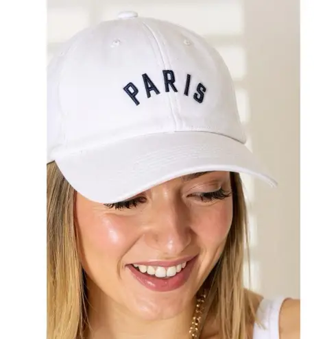 EMBROIDERED “PARIS” VINTAGE WASHED COTTON BASEBALL CAP Women’s Hat White