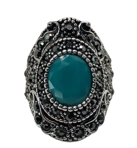 Silver and Light Blue Rhinestone Statement Ring