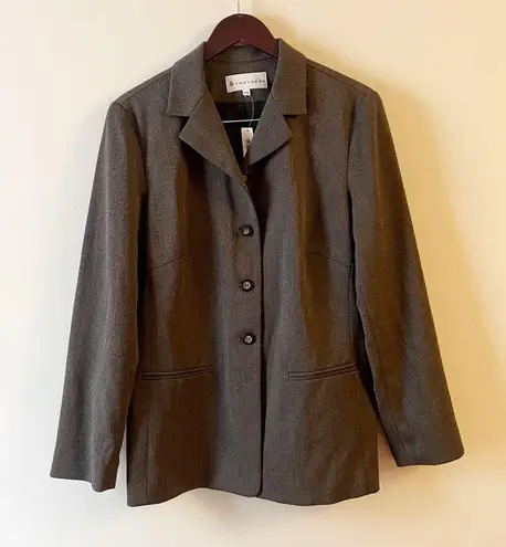 & Trousers Suit Jacket Size 14 Collared Button Front Mid Length Beige Black NEW