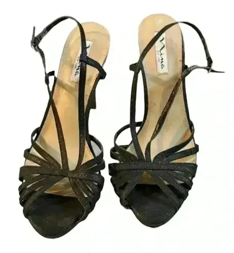 Nina New York Women's Black Glitter Strappy Sandals Size 8.5 Party