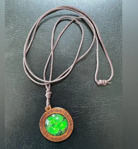 Four Leaf Clover Necklace Green With Brown Cord New