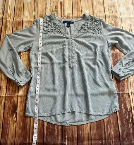 Bandolino Women Long Sleeves V-Neck Beaded Tunic Blue White Striped Blouse Sz M