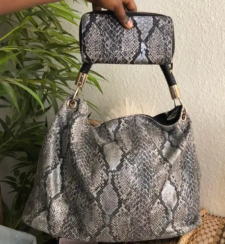 Mellow world Grey black silver snake skin genuine leather shoulder hand bag purse braided strap with matching wallet