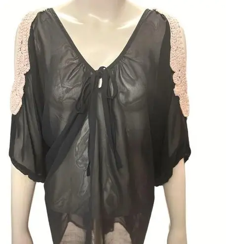 American Dream Black Sheer Cover Up Tunic Crochet Shoulders Lace Detail Size 2X