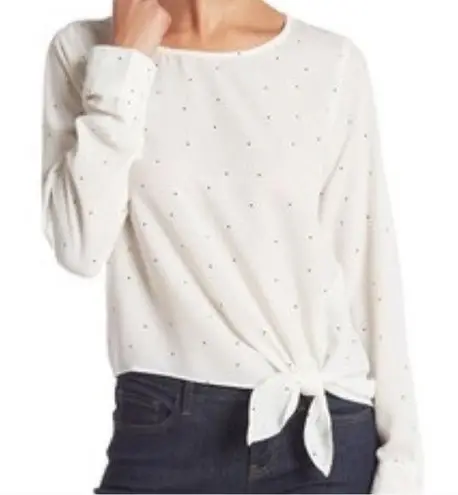 Socialite  White Polka Dot Long Sleeve Tie Waist Keyhole Top Women's Size Large