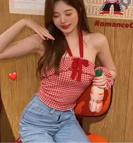 Cottagecore Farmhouse Babydoll Summer Red White Plaid Halter Ribbon Crop Top Size XS