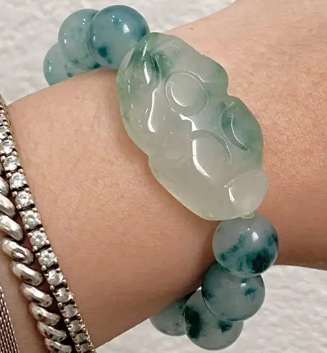 Handmade Pi Xiu Green Chalcedony Beads Natural Gemstone Lucky Bracelet One Size