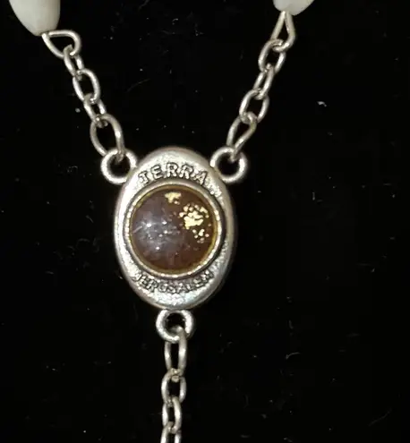 Catholic Rosary Necklace Mother of Pearl Beads Jerusalem Holy Soil Medal & Cross White