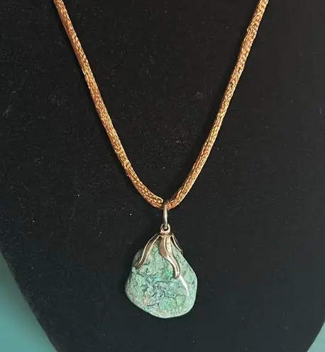 Vintage Dyed Agate Raw Citrine Orca Agate Pendants with Brown Silk Cord Necklace Silver