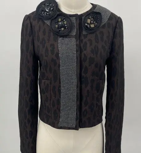 BCBGMAXAZRIA  Blazer Convertible Jeweled Pins Wool Knit Trim Leopard Womens XS