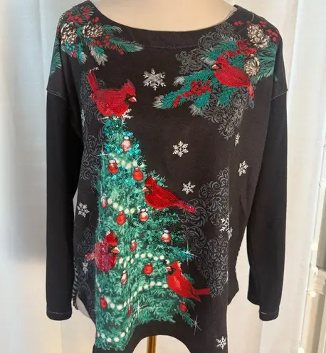 Onque Casuals Black Christmas Top Cardinals Sequin Holiday Tree Shirt Size L