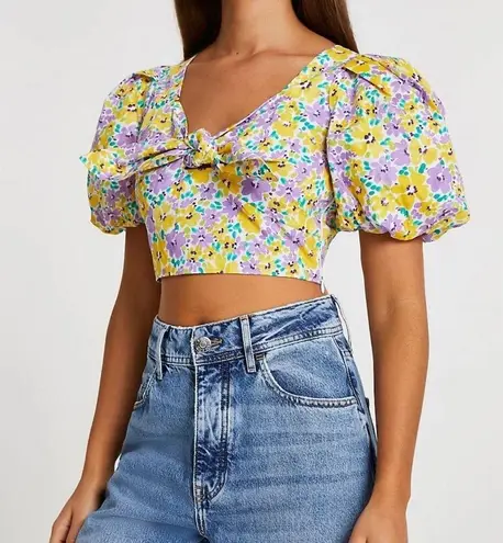 River Island floral Puffed Sleeve tie front crop top Yellow and Purple size 14