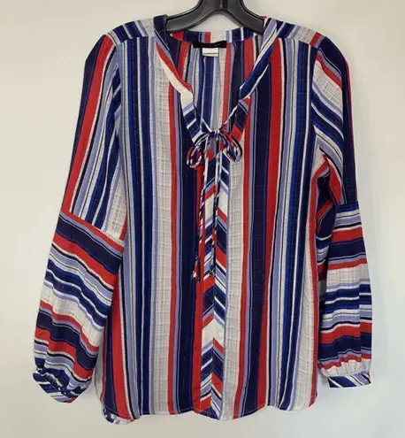 Jenni & Marlis Women's Multicolor Stripes Long Sleeves Ribbon Tie Top Size M Red Size M