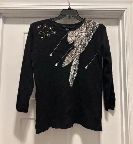 Vintage 1980’s Black Silver Gold Sequin Silk Angora Blend Sweater Size Medium