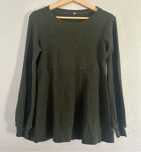 Olive Green Ribbed Knit Top Babydoll Blouse Maternity Casual Comfy Medium