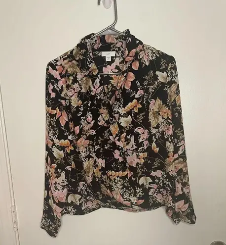 J.Jill  Black Floral Wrap Front Blouse Size XS