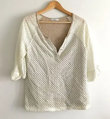 Tart Ivory Eyelet Button Up Knit Top Lined Blouse Womens Sz M Short Sleeve Lined