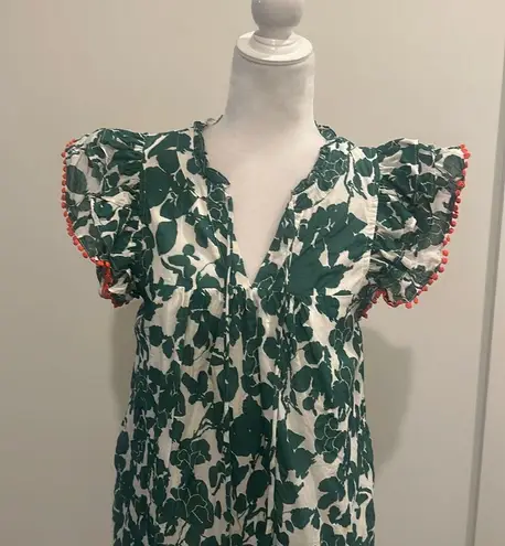THML Green and Ivory Cotton Floral Flutter Sleeve Dress Sz M
