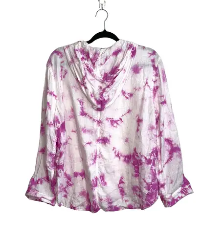 Rachel Zoe 100% Linen White & Purple Tie-dye Hooded Button Down Top