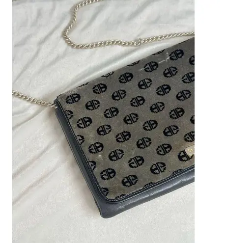 Vintage Bon Goût 70s Velvet Logo Crossbody Gray Black Silver Chain Leather