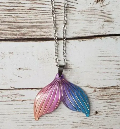 None Mermaid Tail Pendant Necklace Pink, Purple, & Blue, Gold Tone - New